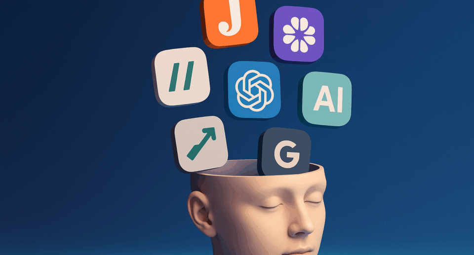 A surreal digital illustration of a human head with floating AI app icons emerging from the open top, symbolizing AI-driven marketing tools.